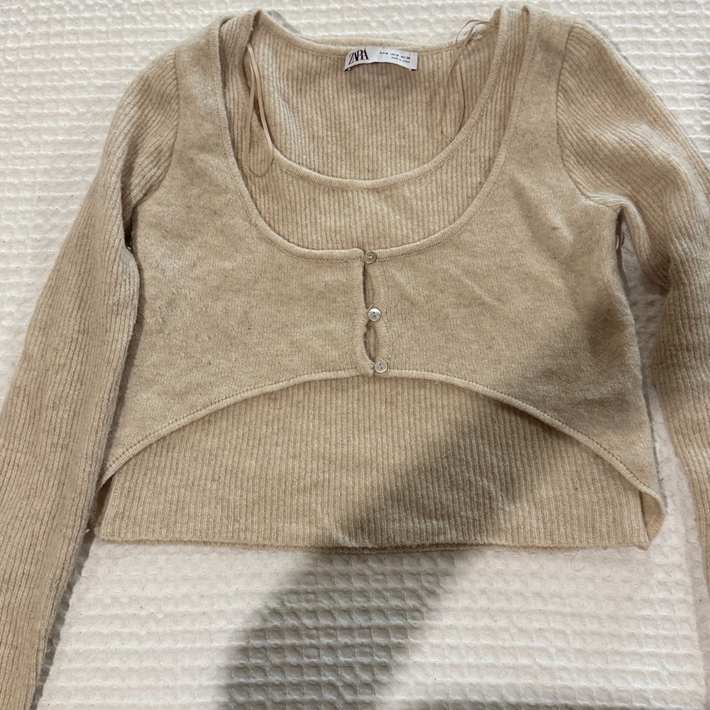 Zara Tan Knit Cropped Cardigan